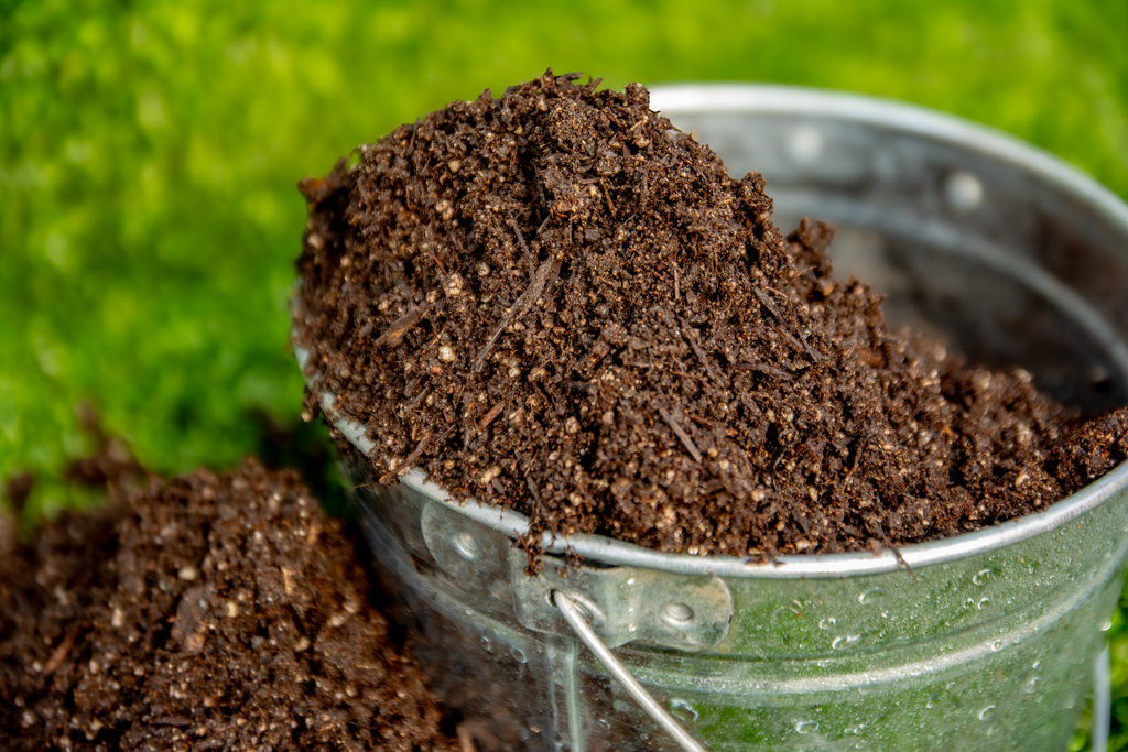 ready bed compost mix in pail against a green background